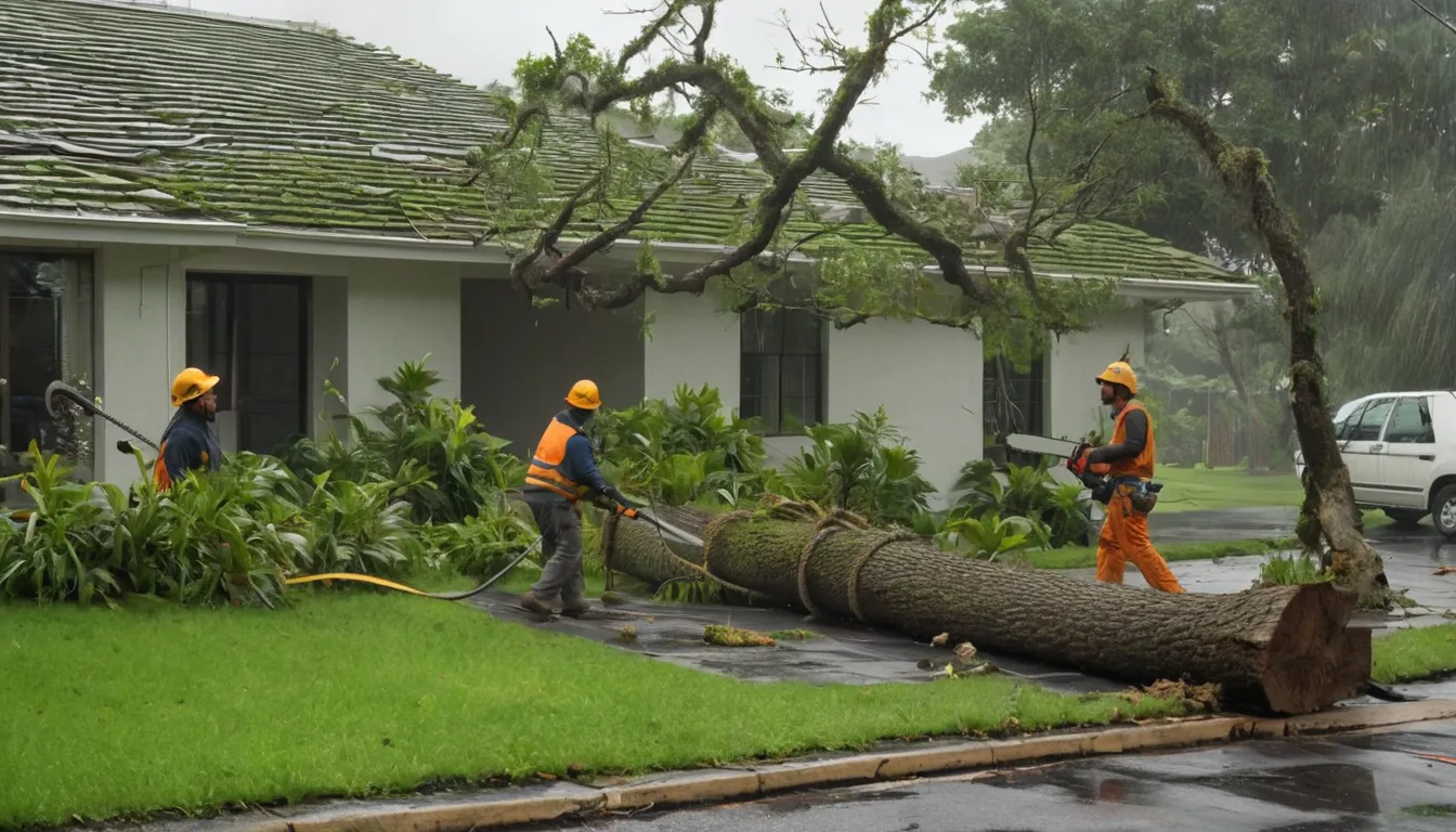Provider crew safely removing a storm-damaged tree from a home in the Hollywood area